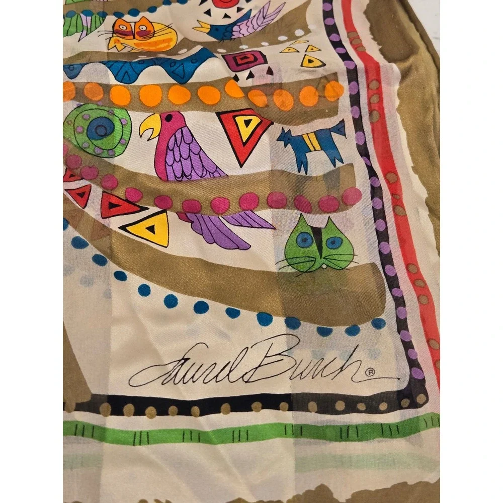 Laurel Burch Silk Scarf Tree of Life Whimsical Cats Birds Fish Rectangular Wrap
